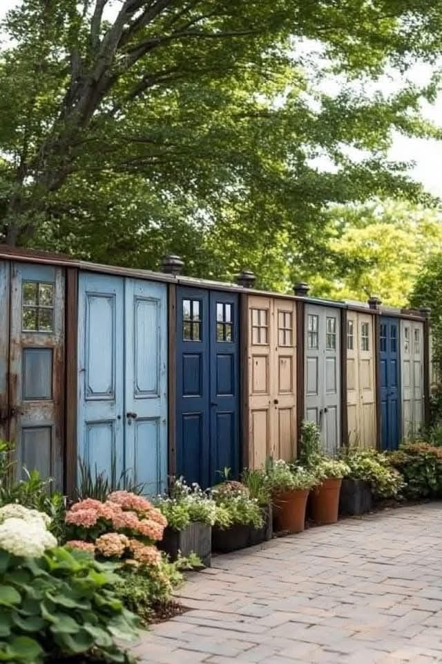 Reihe farbiger Türen mit Blumen entlang einer Fassade