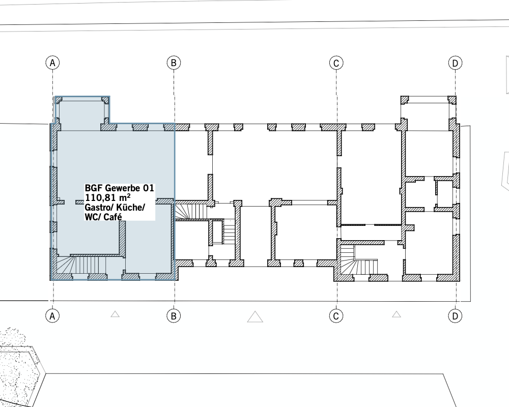 Grundriss Erdgeschoss, Gewerbeeinheit 01 im Westflügel, 110,81 m², markiert für Gastronomie, Küche, WC und Café