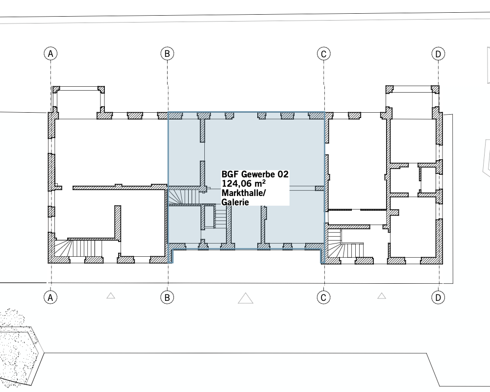Grundriss Erdgeschoss, Gewerbeeinheit 02 im Mittelteil, 124,06 m², markiert für Markthalle und Galerie