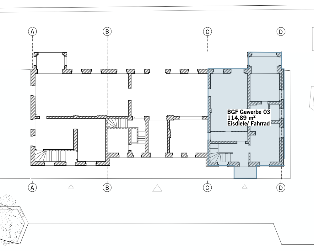 Grundriss Erdgeschoss, Gewerbeeinheit 03 im Ostflügel, 114,89 m², markiert für Eisdiele und Fahrrad