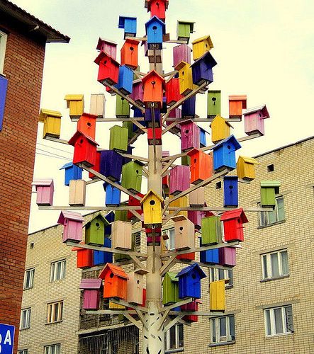 Baum mit vielen bunten Vogelhäusern